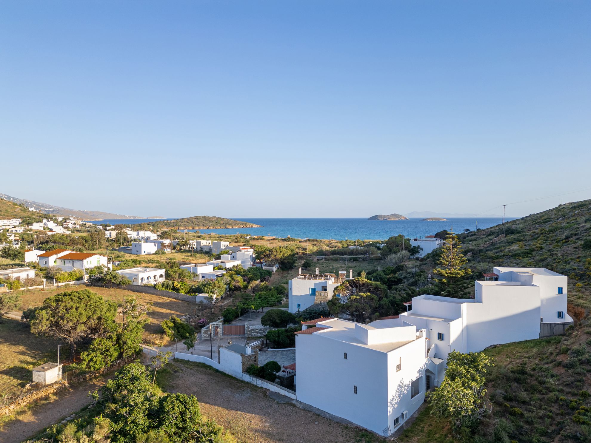 Aerial view of Studio Irene in Agios Petros Andros
